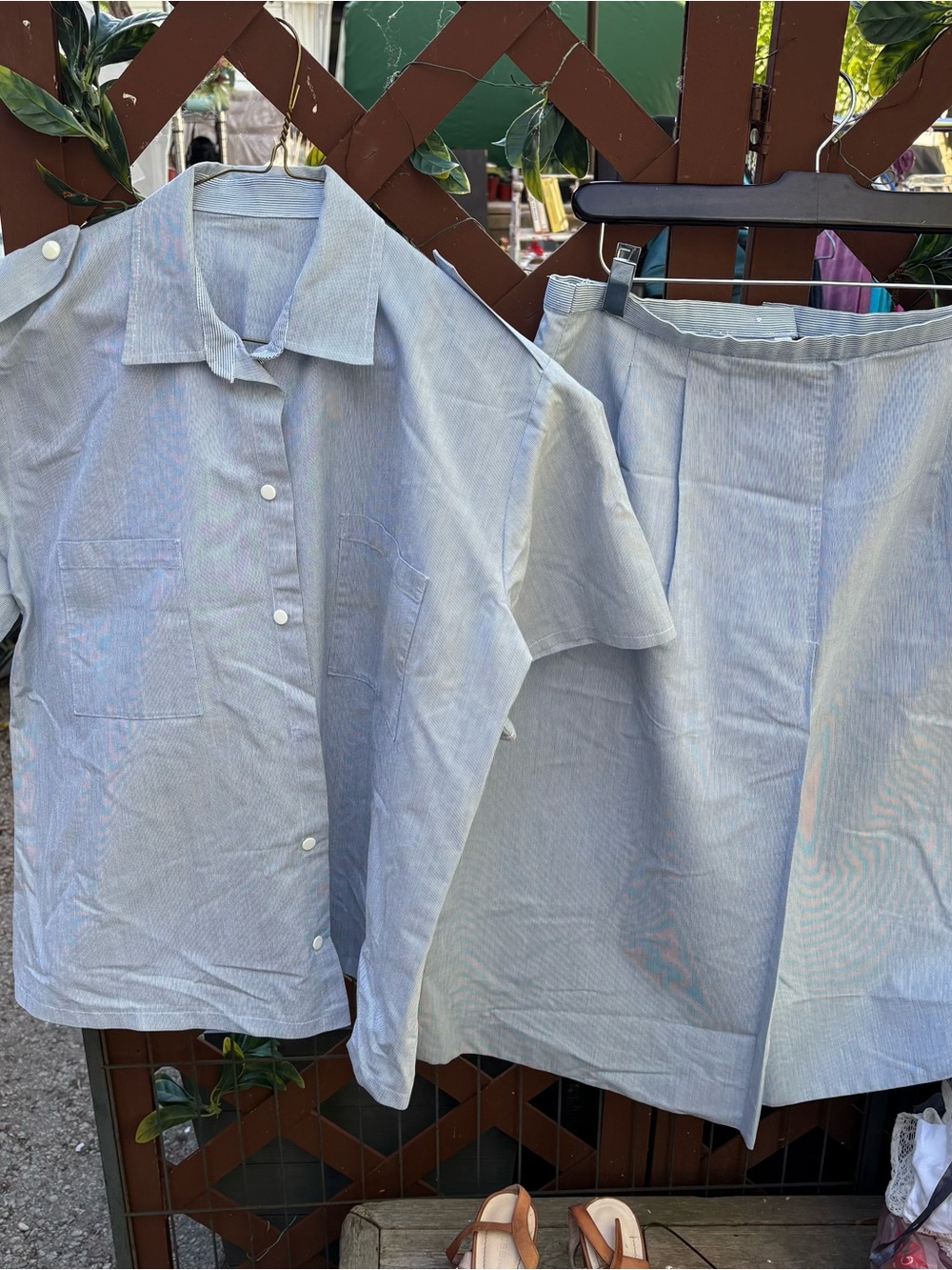 Vintage Light Blue Two-Piece Button Shirt and Skirt Set